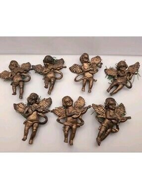 Vintage Gold Plastic Angel Ornaments / Decor 4" X 2.5", Set Of 7